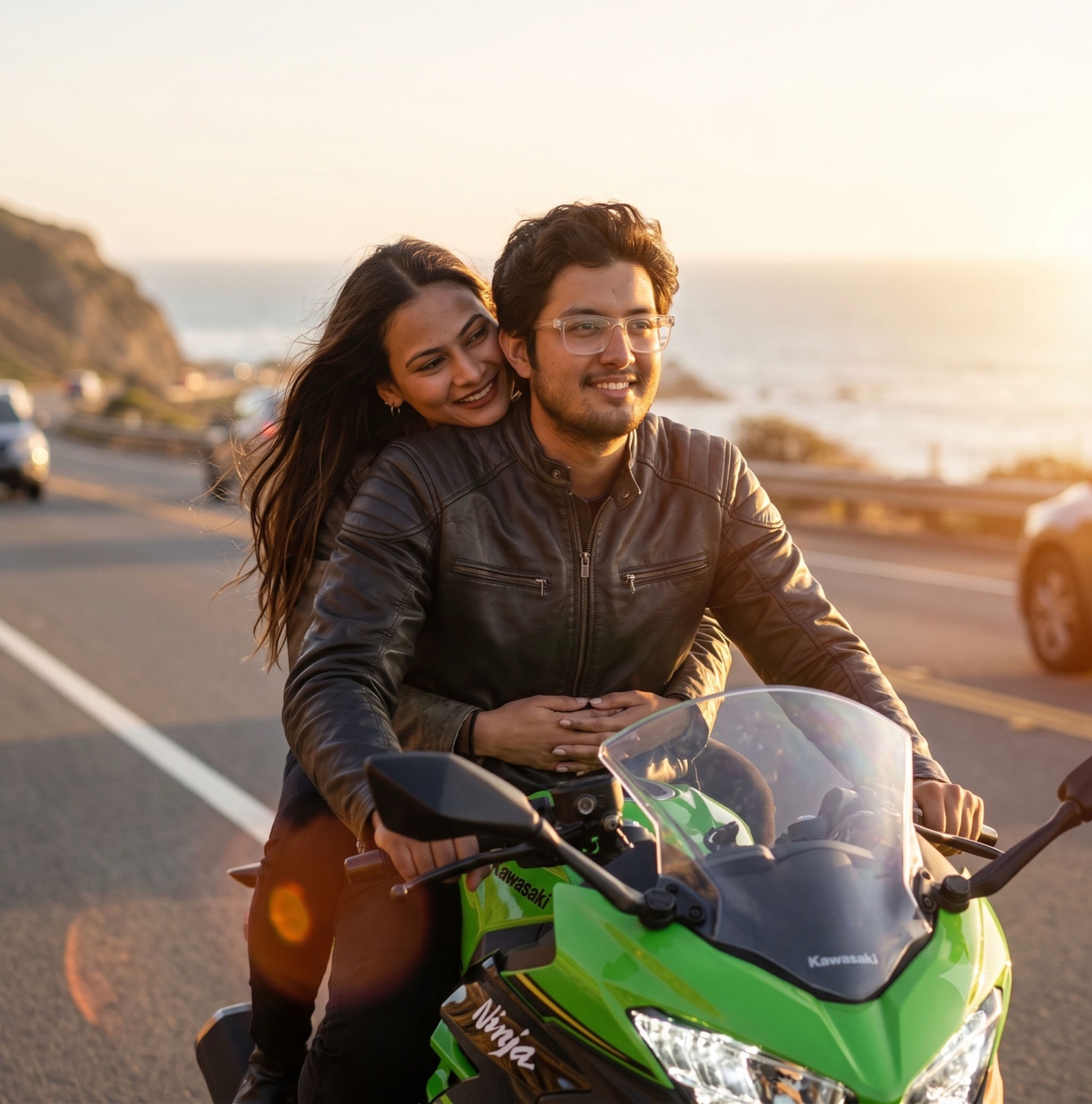 us on the bike at sunset